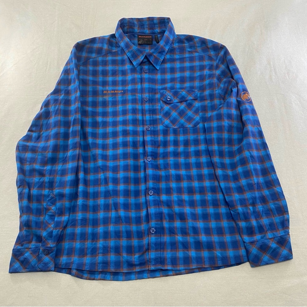 MAMMUT Flannel Shirt Mens 2XL Blue Orange Plaid Long Sleeve Flannel Button Down